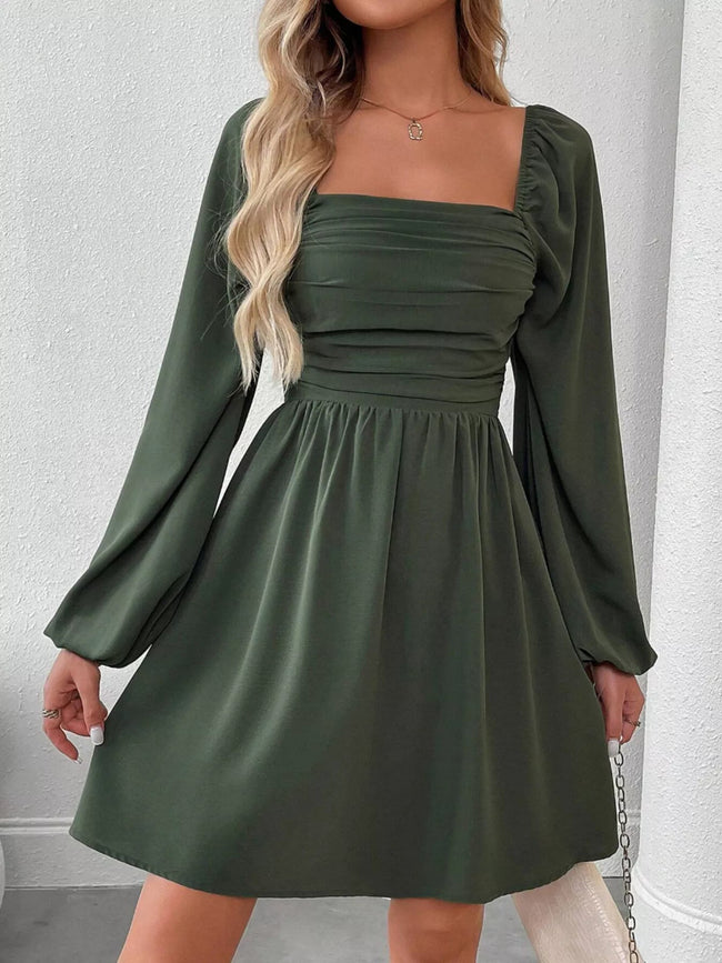 Ruched Square Neck Long Sleeve A - Line Dress - Your Second Look