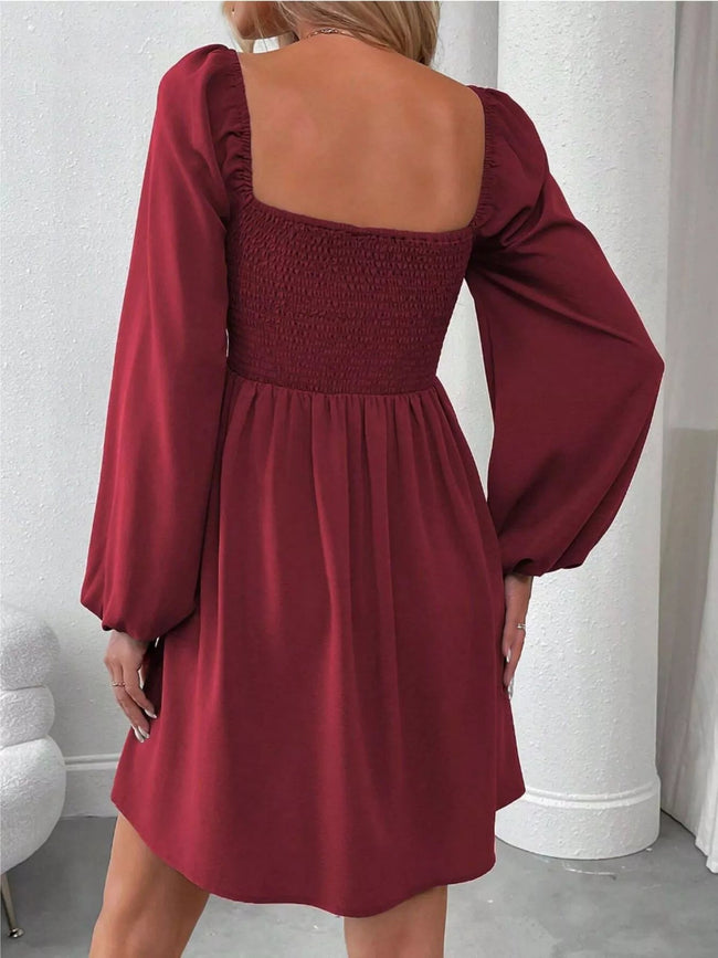 Ruched Square Neck Long Sleeve A - Line Dress - Your Second Look