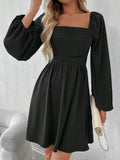 Ruched Square Neck Long Sleeve A - Line Dress - Your Second Look