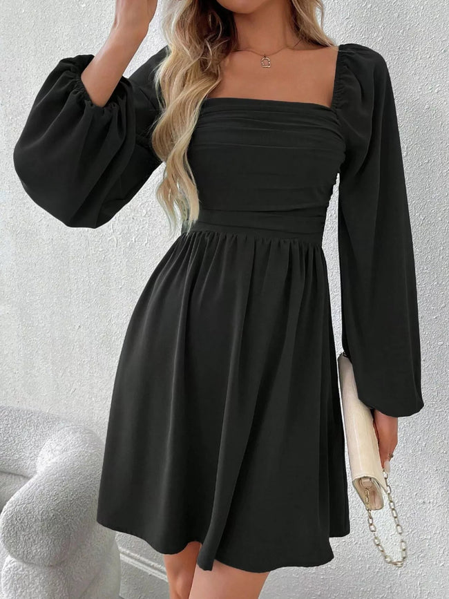 Ruched Square Neck Long Sleeve A - Line Dress - Your Second Look