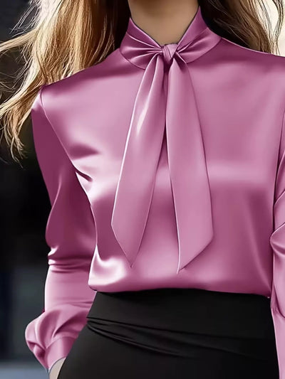 Satin Bow Tie Long Sleeve Blouse - Your Second Look