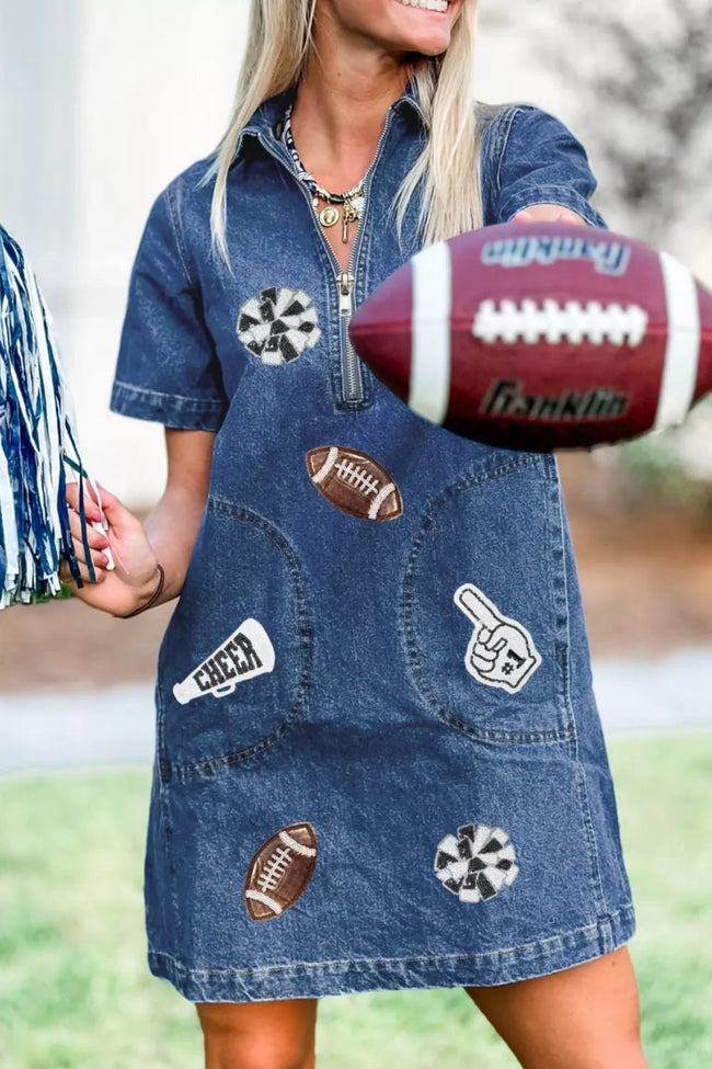 Sequin Football Cheer Patches Game Day Denim Mini Dress - Your Second Look