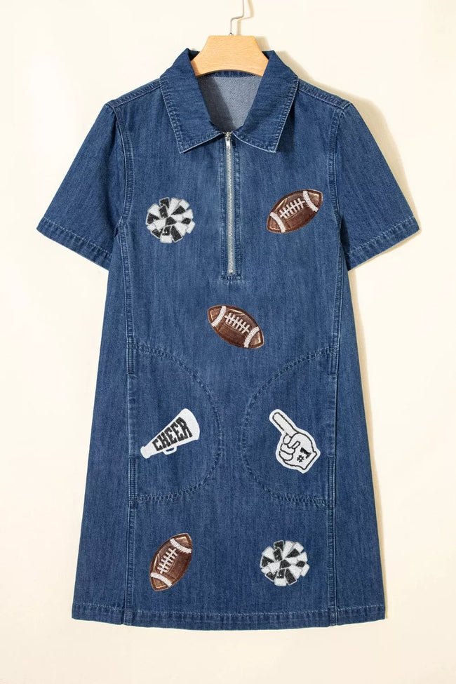 Sequin Football Cheer Patches Game Day Denim Mini Dress - Your Second Look