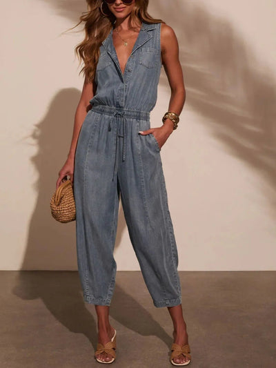 Sleeveless Drawstring Waist Washed Denim Jumpsuit - Your Second Look