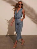 Sleeveless Drawstring Waist Washed Denim Jumpsuit - Your Second Look