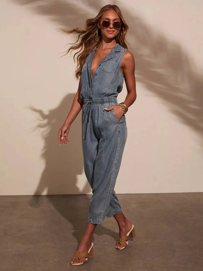 Sleeveless Drawstring Waist Washed Denim Jumpsuit - Your Second Look