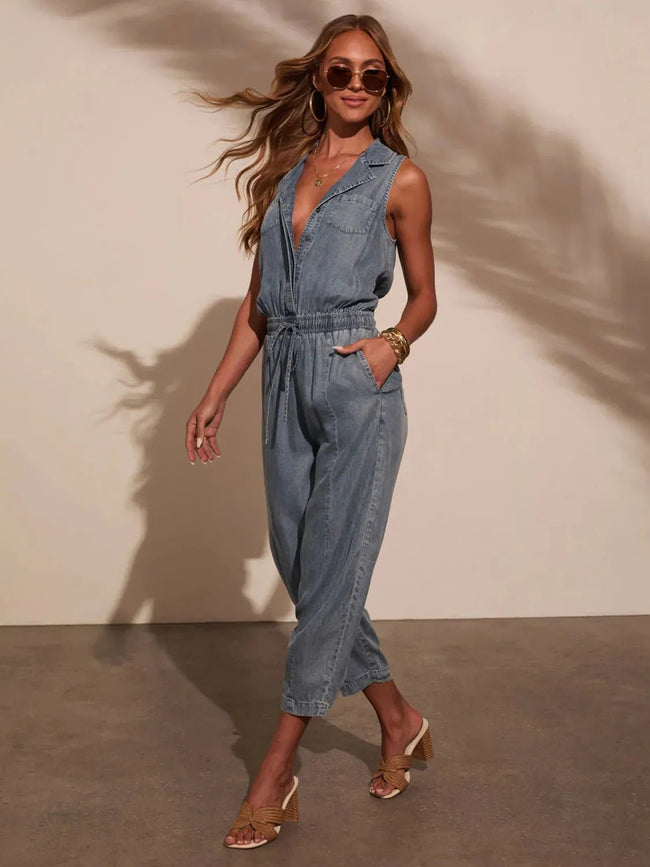 Sleeveless Drawstring Waist Washed Denim Jumpsuit - Your Second Look