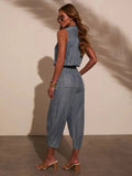 Sleeveless Drawstring Waist Washed Denim Jumpsuit - Your Second Look