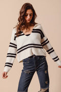 SO ME Fuzzy Hairy Stripe Deep U Neck Sweater - Your Second Look