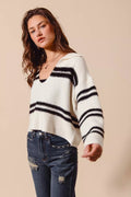 SO ME Fuzzy Hairy Stripe Deep U Neck Sweater - Your Second Look