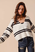 SO ME Fuzzy Hairy Stripe Deep U Neck Sweater - Your Second Look