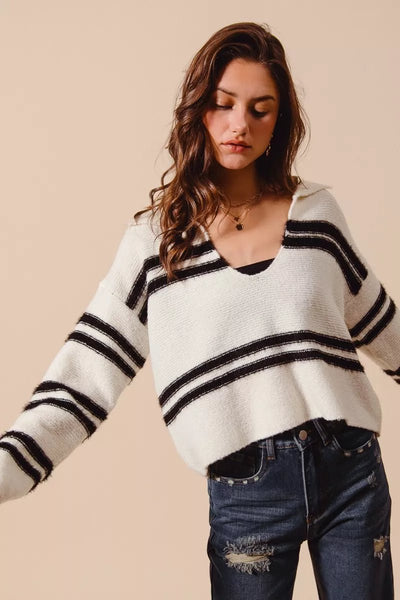 SO ME Fuzzy Hairy Stripe Deep U Neck Sweater - Your Second Look