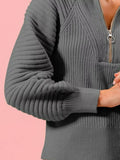 SO ME Half Zip Raglan Balloon Sleeves Ribbed Sweater - Your Second Look