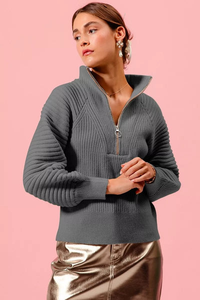 SO ME Half Zip Raglan Balloon Sleeves Ribbed Sweater - Your Second Look