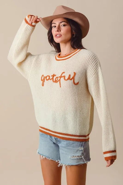 SO ME Thanksgiving Grateful Lettering Stitch Sweater - Your Second Look