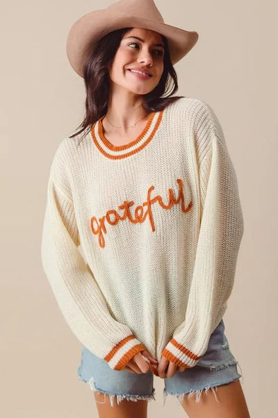 SO ME Thanksgiving Grateful Lettering Stitch Sweater - Your Second Look