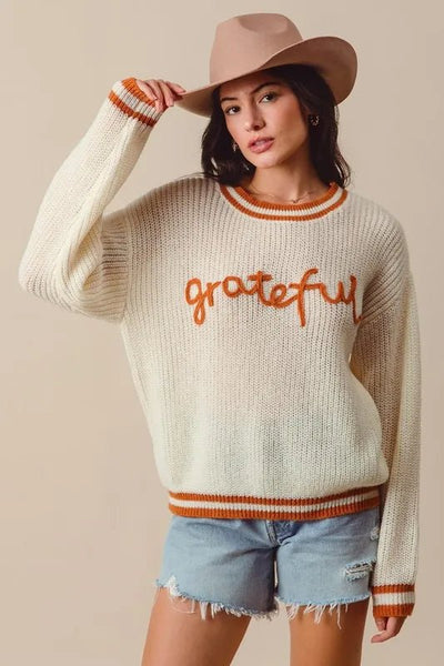 SO ME Thanksgiving Grateful Lettering Stitch Sweater - Your Second Look