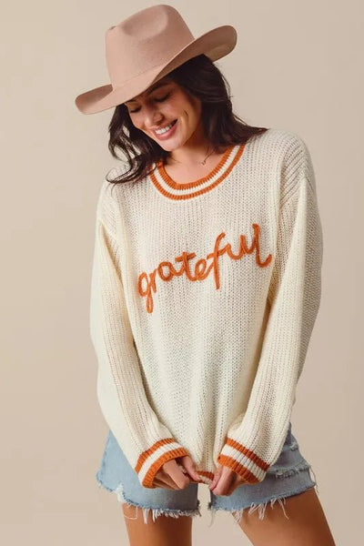 SO ME Thanksgiving Grateful Lettering Stitch Sweater - Your Second Look