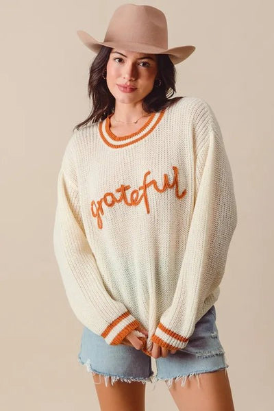SO ME Thanksgiving Grateful Lettering Stitch Sweater - Your Second Look