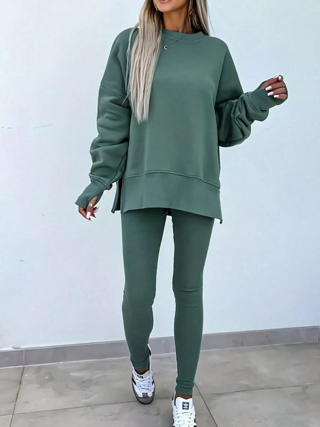 Solid Color Oversize Slit Sweatshirt and Ribbed Leggings 2pcs Set - Your Second Look