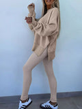 Solid Color Oversize Slit Sweatshirt and Ribbed Leggings 2pcs Set - Your Second Look