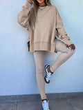 Solid Color Oversize Slit Sweatshirt and Ribbed Leggings 2pcs Set - Your Second Look