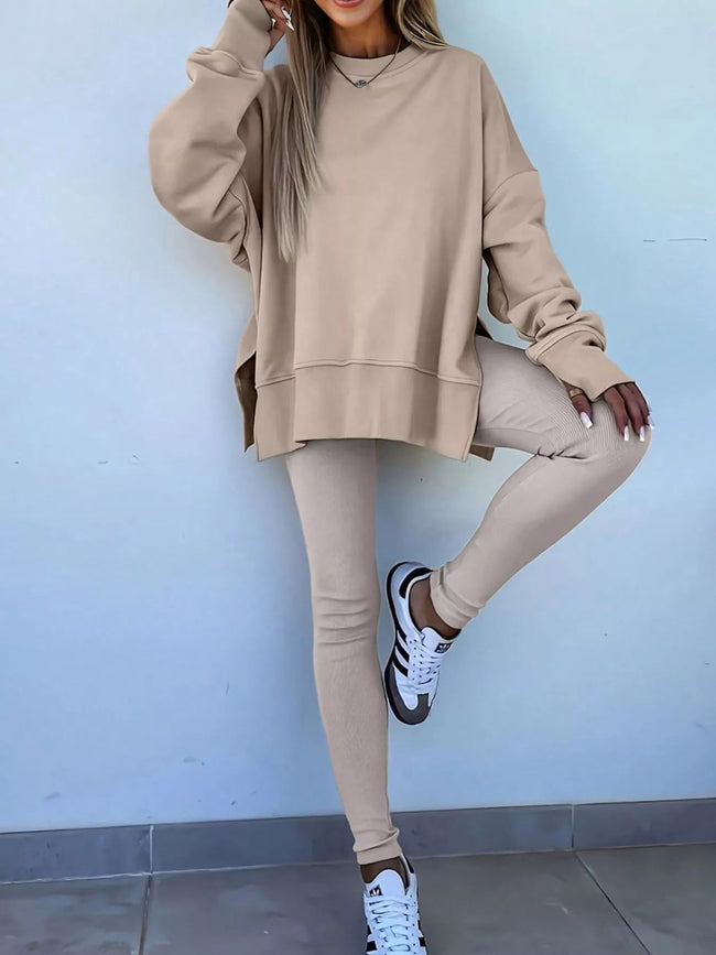 Solid Color Oversize Slit Sweatshirt and Ribbed Leggings 2pcs Set - Your Second Look