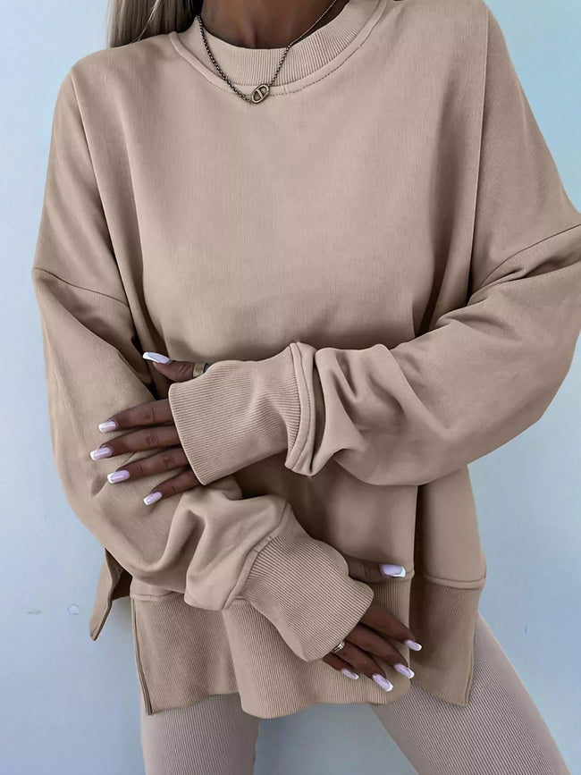 Solid Color Oversize Slit Sweatshirt and Ribbed Leggings 2pcs Set - Your Second Look
