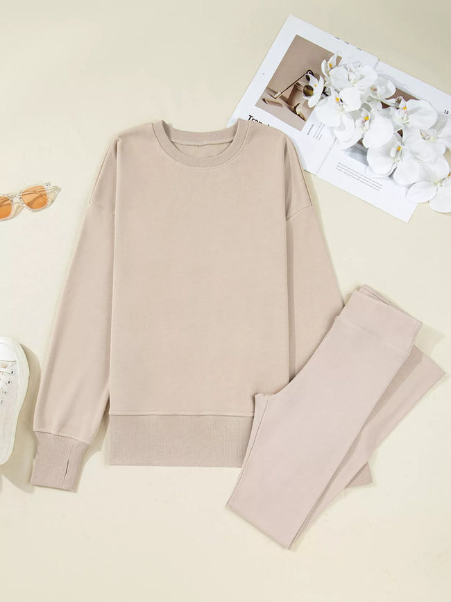 Solid Color Oversize Slit Sweatshirt and Ribbed Leggings 2pcs Set - Your Second Look