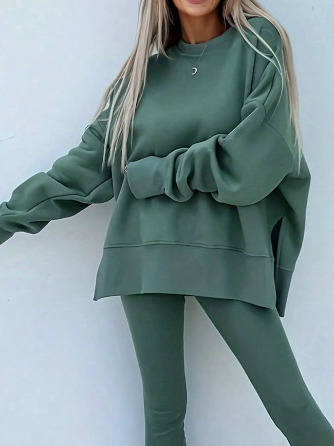 Solid Color Oversize Slit Sweatshirt and Ribbed Leggings 2pcs Set - Your Second Look
