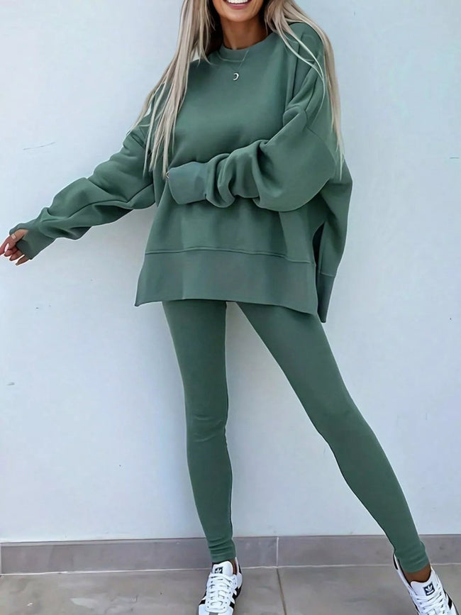 Solid Color Oversize Slit Sweatshirt and Ribbed Leggings 2pcs Set - Your Second Look