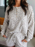 Spiral Ribbed Floral Print Long Sleeve Henley Top Drawstring Short Set - Your Second Look