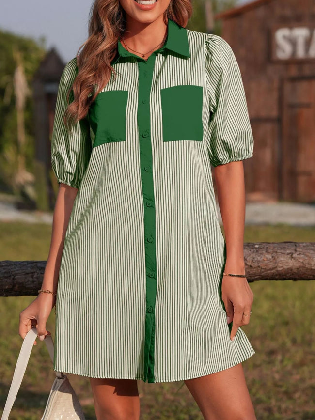Stripe Color Block Patchwork Shirt Collar Button Down Puff Sleeve Mini Dress - Your Second Look