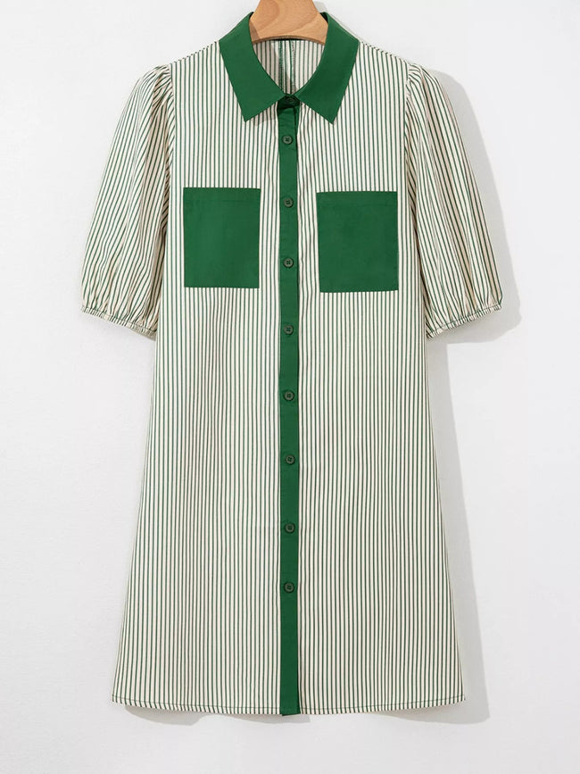 Stripe Color Block Patchwork Shirt Collar Button Down Puff Sleeve Mini Dress - Your Second Look