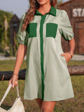 Stripe Color Block Patchwork Shirt Collar Button Down Puff Sleeve Mini Dress - Your Second Look