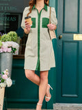 Stripe Color Block Patchwork Shirt Collar Button Down Puff Sleeve Mini Dress - Your Second Look