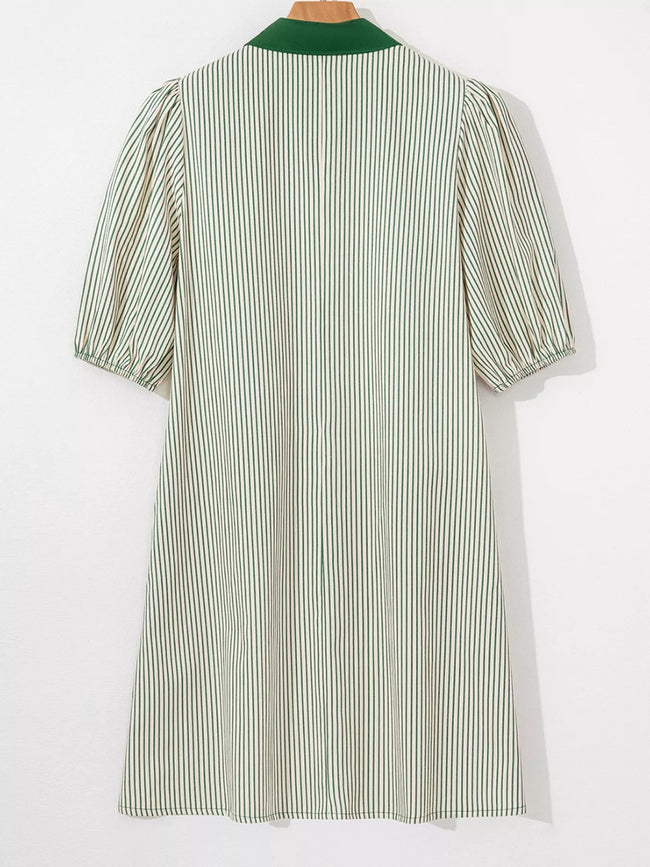 Stripe Color Block Patchwork Shirt Collar Button Down Puff Sleeve Mini Dress - Your Second Look