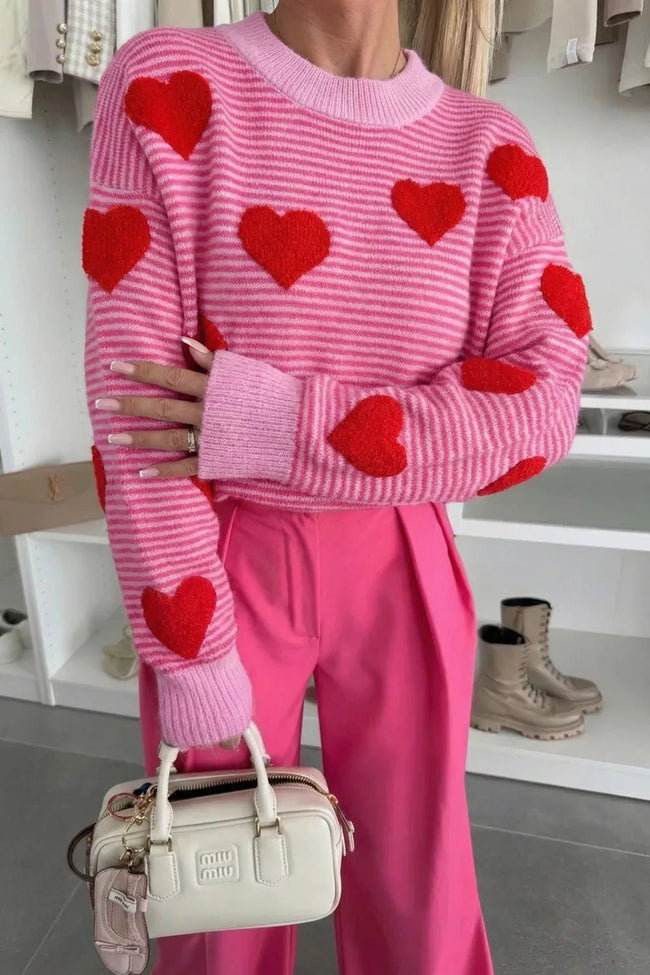 Stripe Contrast Heart Pattern Valentine Knit Sweater - Your Second Look