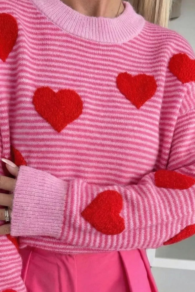 Stripe Contrast Heart Pattern Valentine Knit Sweater - Your Second Look