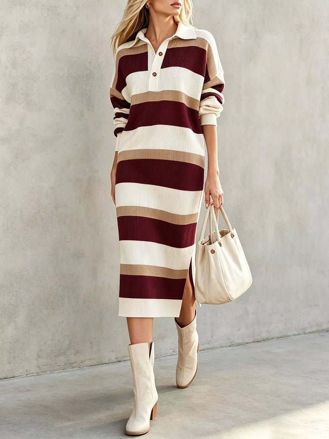 Striped Polo Collar Long Sleeve Sweater Dress - Your Second Look