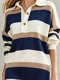 Striped Polo Collar Long Sleeve Sweater Dress - Your Second Look