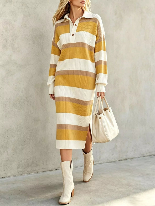 Striped Polo Collar Long Sleeve Sweater Dress - Your Second Look