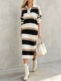 Striped Polo Collar Long Sleeve Sweater Dress - Your Second Look