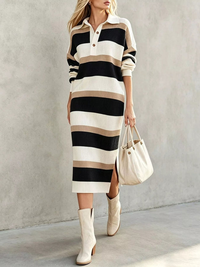 Striped Polo Collar Long Sleeve Sweater Dress - Your Second Look