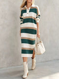Striped Polo Collar Long Sleeve Sweater Dress - Your Second Look