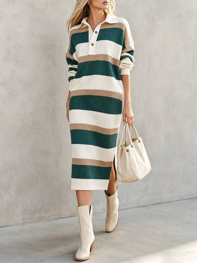 Striped Polo Collar Long Sleeve Sweater Dress - Your Second Look
