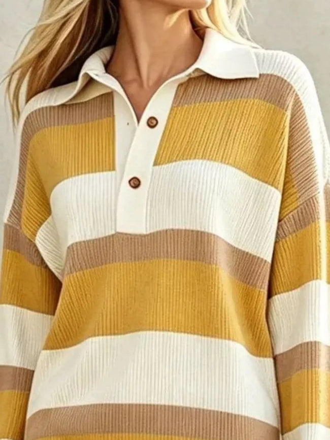 Striped Polo Collar Long Sleeve Sweater Dress - Your Second Look