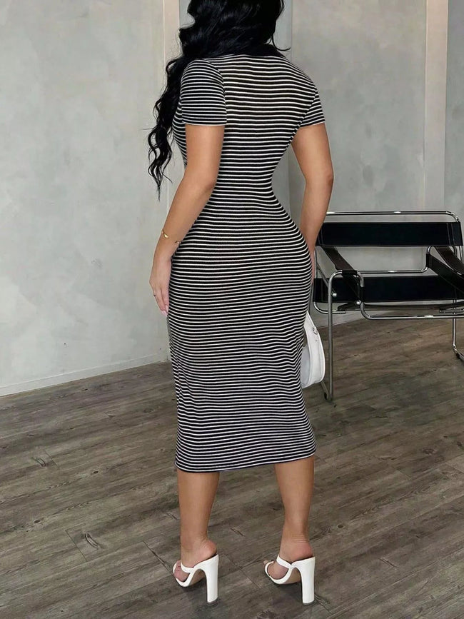 Striped Polo Collar Midi Dress - Your Second Look