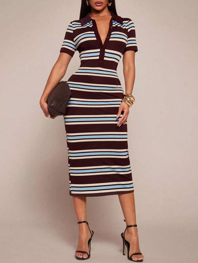 Striped Polo Collar Midi Dress - Your Second Look