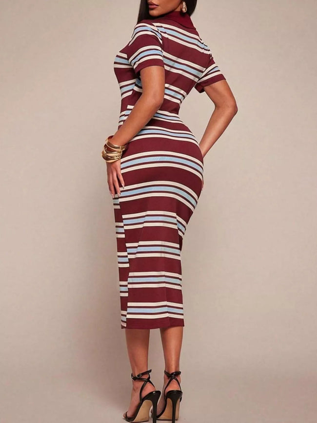 Striped Polo Collar Midi Dress - Your Second Look